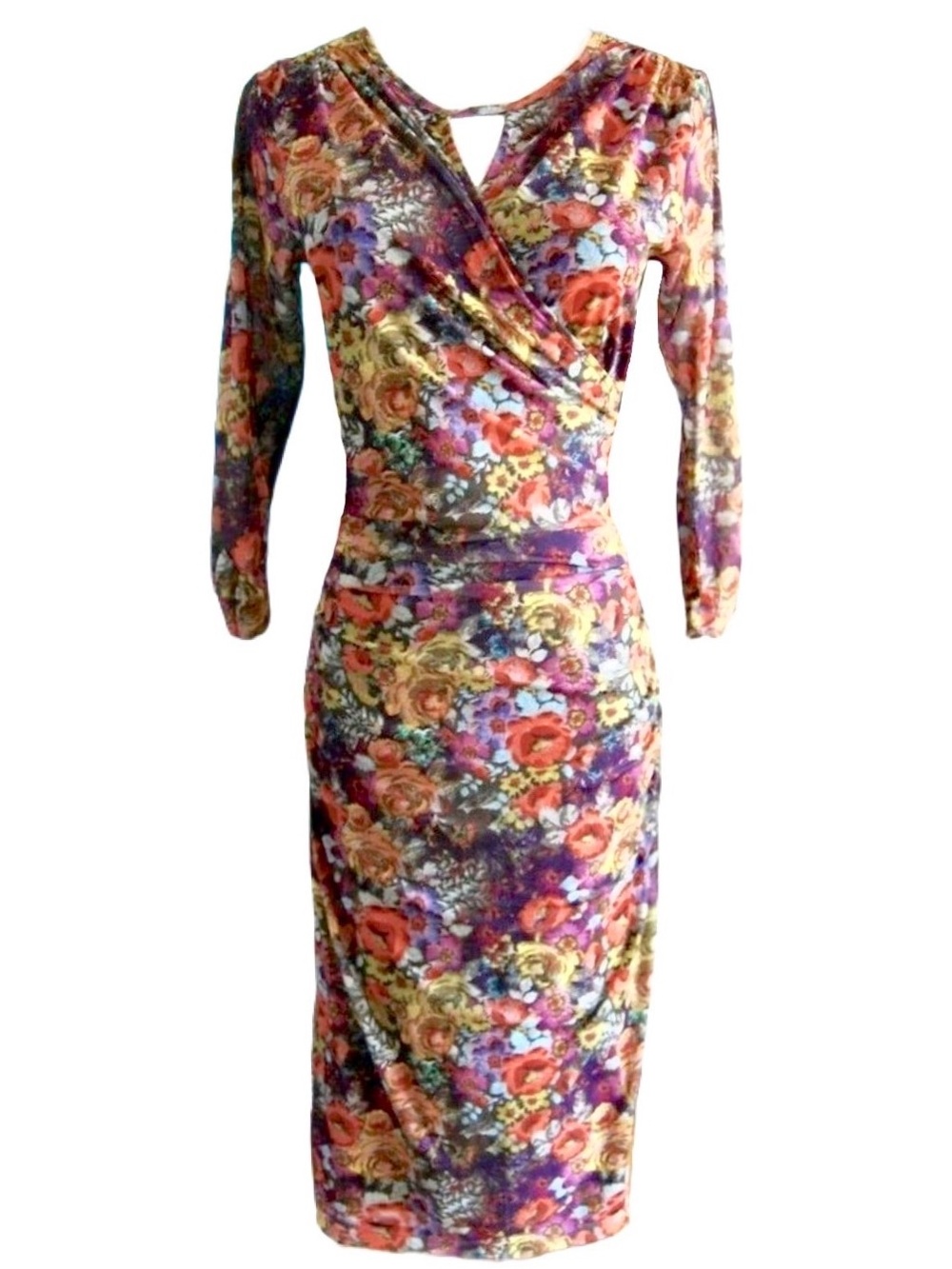 Floral Ruched Mesh Bodycon Midi Dress by Betabrand